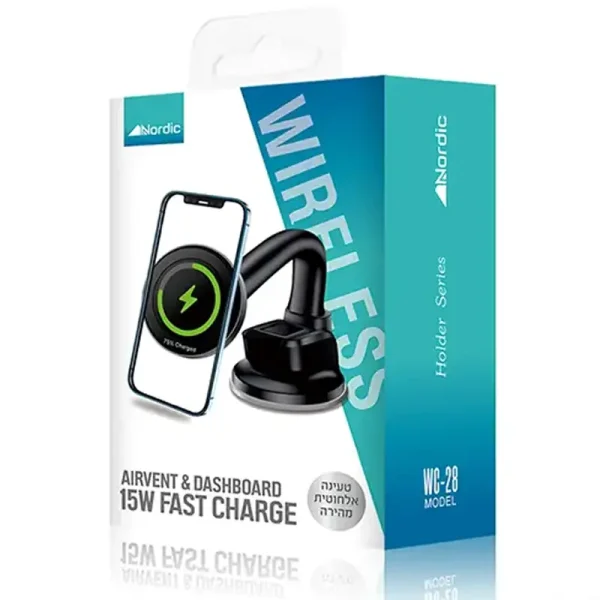מעמד לרכב עם טעינה אלחוטית 15W נורדיק WC-28