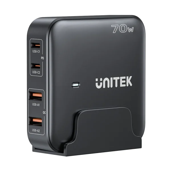 מטען שולחני GaN מהיר ‎70W‎ בצבע שחור – ‏2×USB-C ו‏2×USB-A תומך PD3.0 / QC3.0 / PPS